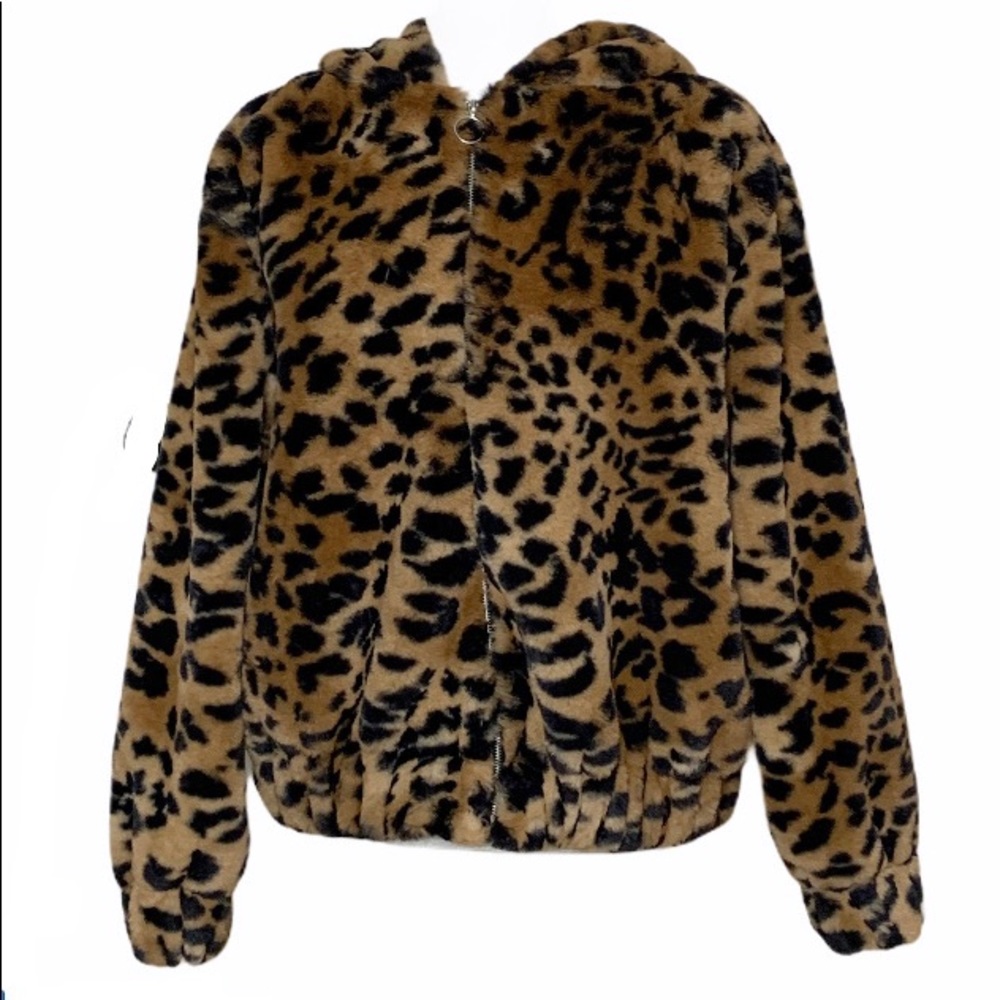 Wild Fable Leopard Faux Fur Teddy Coat Hood Sz L - Picture 1 of 11